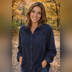 Old Navy "The Boyfriend Shirt" Linen Blend Navy Button Down Shirt Size S TALL